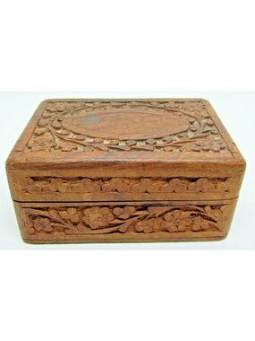 Vintage Hand Carved Floral Ivy Wooden Trinket Box India 5x3x2" Blue Felt Liner